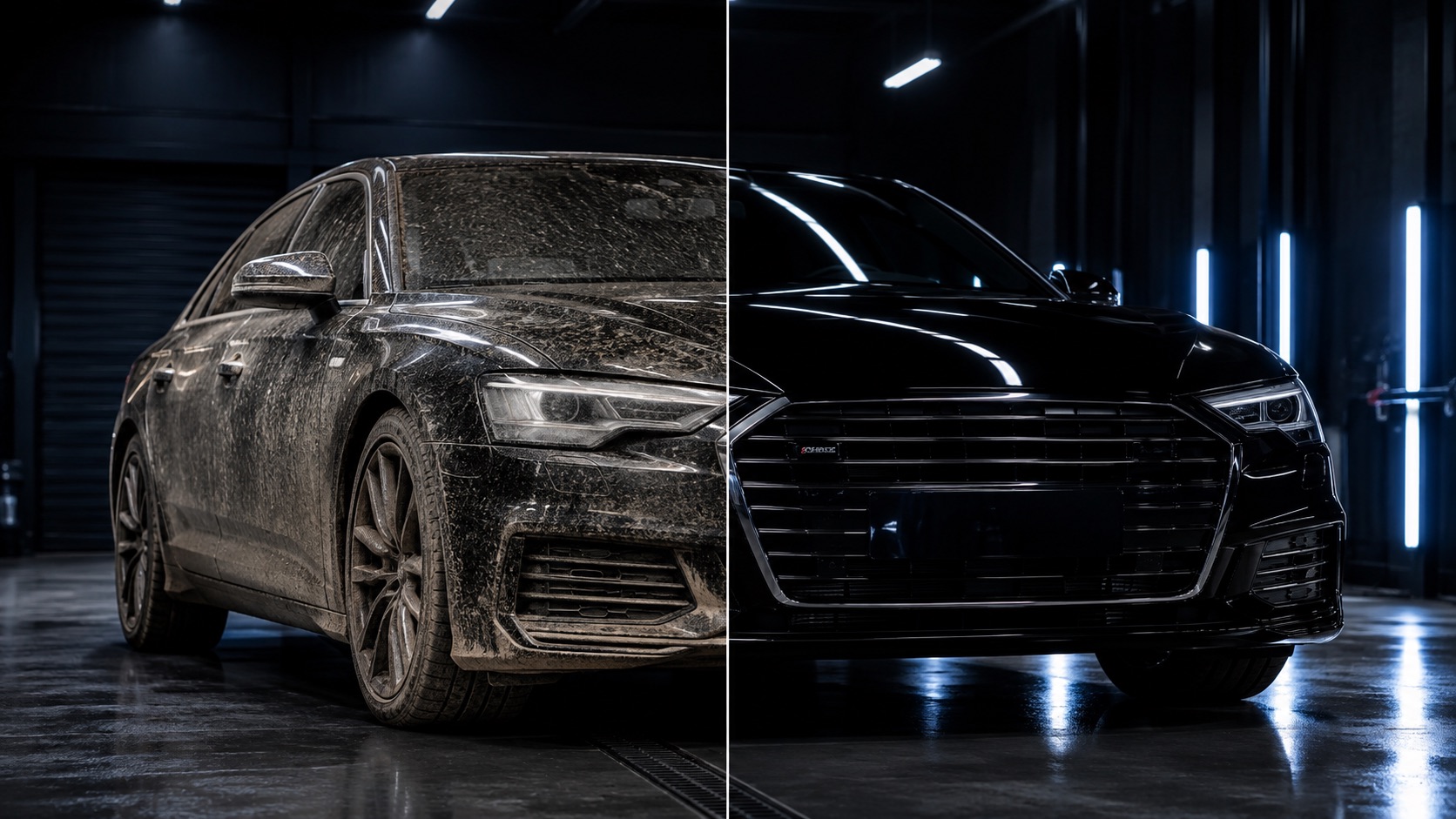 Vorher Nachher Bild eines stark verschmutzten und dann glänzend aufbereiteten Autos